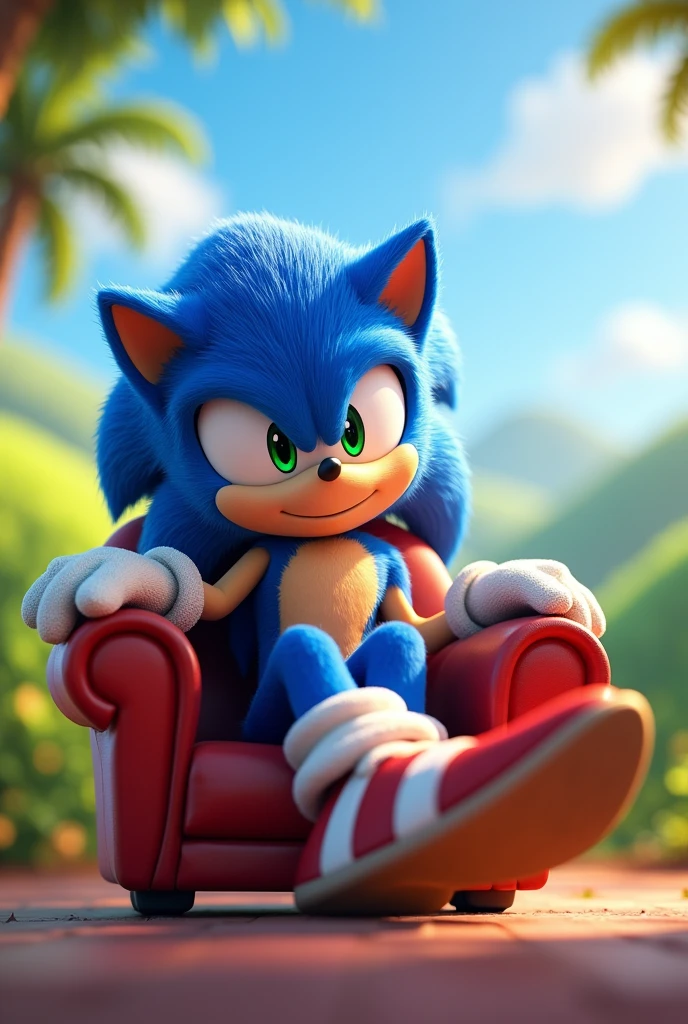 Sonic the hedgehog , solo, looking at viewer, smile, 1boy, full body, sitting on chair, looking at viewer crossing his legs