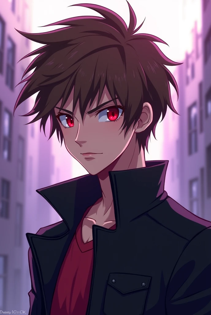 A 2d logo anime boy having brown hair and red eyes and simple black jacket looking left straight to camera having perple blurred buildings make it little simple little more simple 

