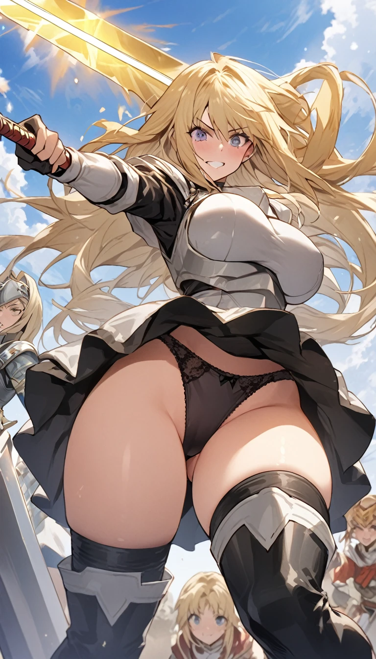 Ultra-high definition image quality、beautiful girl、Female Swordsman、Light armor、Greeboots、Long Hair、blonde、20-year-old、intimidating face、Very short tight skirt、Cowgirl、wilderness、Highest quality,Big Ass、Big Breasts、Thighs、Holy Sword Excalibur、Black panties、Jump by kicking off with your feet、Joan of Arc style、Wind King Barrier、Her hair is flowing in the wind、The sword of promised victory、god々Wearing a bright aura