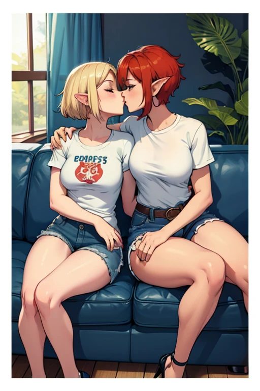 two female elves, one with short red hair, curvy build, white tight tee shirt, blue denim shorts, black heels, other elf with short blonde hair, slim build, white tight tee shirt, blue denim shorts, black heels, kissing passionately, sitting on leather couch, one girl sitting on other girls lap legs wrapped around waist, both eyes closed,