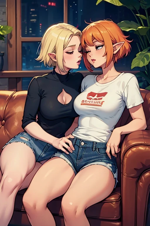 two female elves, one with short red hair, curvy build, white tight tee shirt, blue denim shorts, black heels, other elf with short blonde hair, slim build, white tight tee shirt, blue denim shorts, black heels, kissing passionately, sitting on leather couch, one girl sitting on other girls lap legs wrapped around waist, both eyes closed,