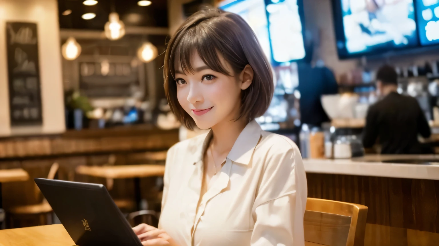 ((最high quality, 8k, masterpiece: 1.3)), perfect face,Inside a chic cafe in New York、A scene in which a beautiful model-like woman with big breasts is drinking a latte and studying on a laptop.,Everything around you, You can see other customers having a good time..。Behind the cafe、The staff are busy working at the counter..、A place where you can feel the vibrancy and warmth unique to city cafes., sharp focus, 1 girl, Sexy 1.2, brown hair, Has bangs, (Layered bob), (big: 1.5), good eyes, Beautiful eyes with a long slit, double eyelid, (How much is it??), (cute Face), cute Smile, (shut your mouth), (cute), soft skin, Show me your whole body, surreal, very detailed, high quality, (A beautiful college student with short hair studying at a cafe), ((詳細な非常にcute女子大生), ((Her breasts are hidden but big enough to be seen through her clothes.))