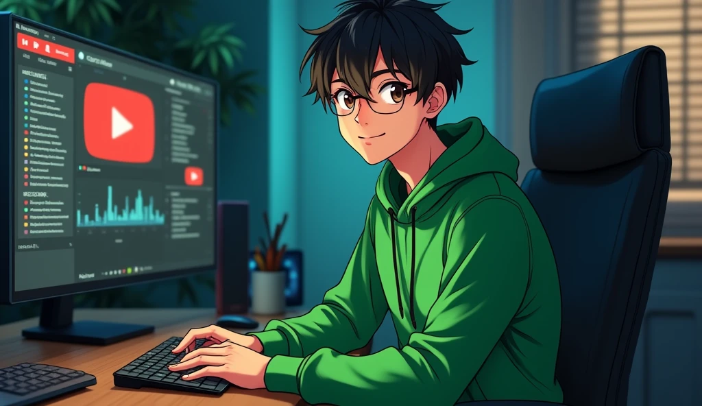 Create a semi-realistic anime-style image of a young male character, aged 18 to 22, dressed in green clothing. He should be sitting in a modern editing studio, facing forward with a slight, confident smile, making direct eye contact with the viewer. The character should appear as a relatable and approachable YouTube video creator, surrounded by YouTube-related elements in the background, like play buttons or channel icons, along with various editing tools such as a computer, keyboard, and graphic tablet. The studio should have a dark theme with subtle, matching lighting that enhances the green of his clothing and adds depth to the scene. The character should have a realistic yet anime-inspired look, suitable for being the face of a YouTube channel."