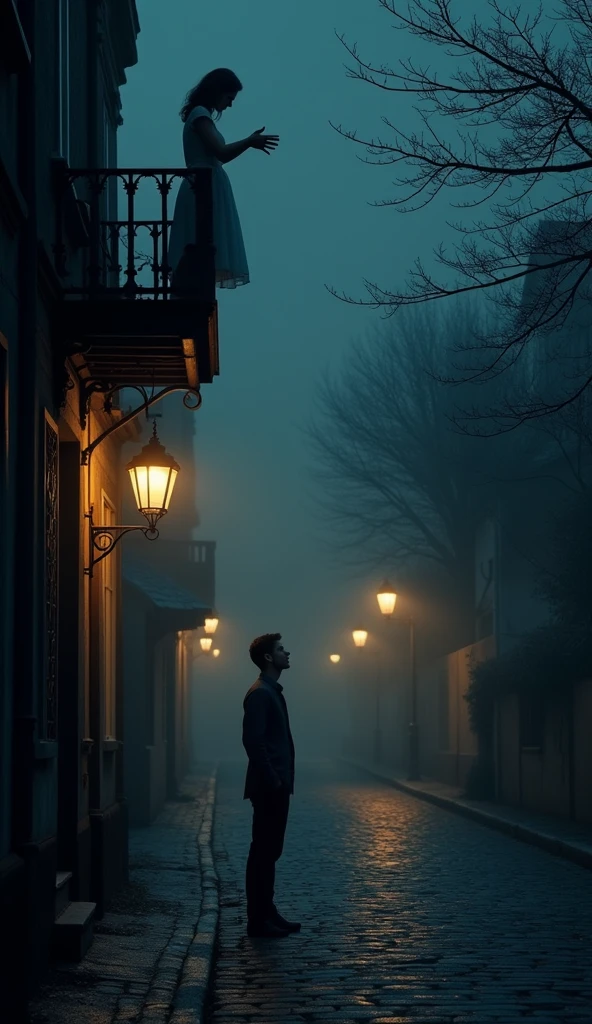 "It's night time with darkness surrounding a quiet street. A woman stands on the balcony of a house, her hands raised as if she is calling out to a young man who is standing on the road below. The young man looks up at her, his expression filled with longing. Street lamps cast a soft, cozy light that gently illuminates the scene. The atmosphere is calm yet emotional, with a sense of yearning between the two. The background is dark, and the overall color palette consists of muted tones that emphasize the night and the intimate connection between the characters."