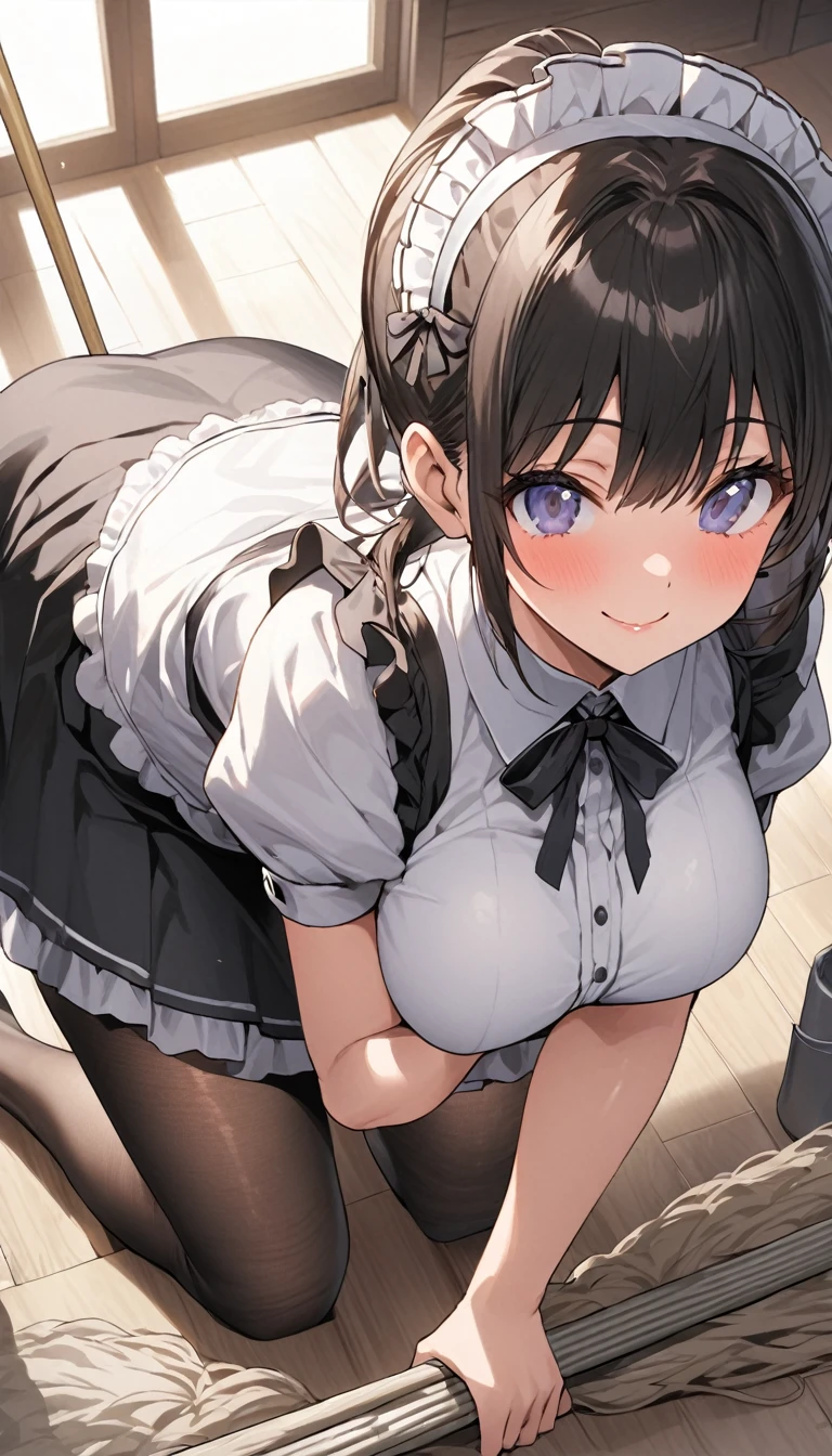 One Woman、beautiful girl、maid、20-year-old、ponytail、Western-style building、maidの、Calm look、Drooping eyes、柔らかなsmile、A motherly expression、Baby Face、頭にmaidカチューシャ、Short skirt、Black Pantyhose、Ultra-high definition image quality、Highest quality, smile,Big Breasts、Very large breasts、Wipe the floor with a rag、Cleaning the floor with a hand-held mop.、Squint your eyes and smile、Bend down to clean the floor、Cleaning the floor on all fours