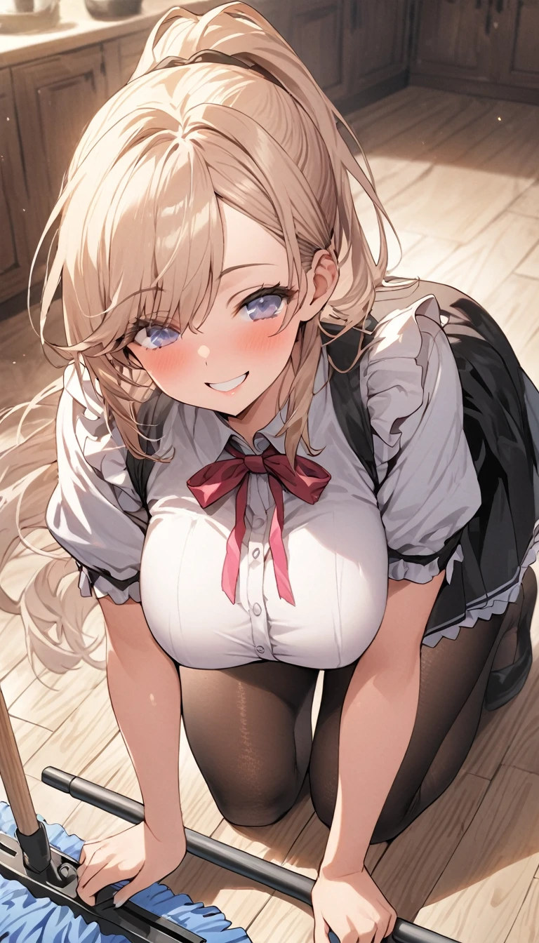 One Woman、beautiful girl、maid、20-year-old、ponytail、Western-style building、maidの、Calm look、Drooping eyes、柔らかなsmile、A motherly expression、Baby Face、頭にmaidカチューシャ、Short skirt、Black Pantyhose、Ultra-high definition image quality、Highest quality, smile,Big Breasts、Very large breasts、Wipe the floor with a rag、Cleaning the floor with a hand-held mop.、Squint your eyes and smile、Bend down to clean the floor、Cleaning the floor on all fours