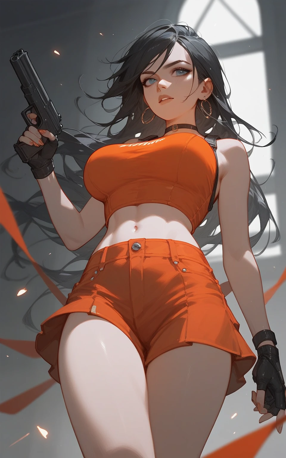 make she smilling, remove gun, and make she seat