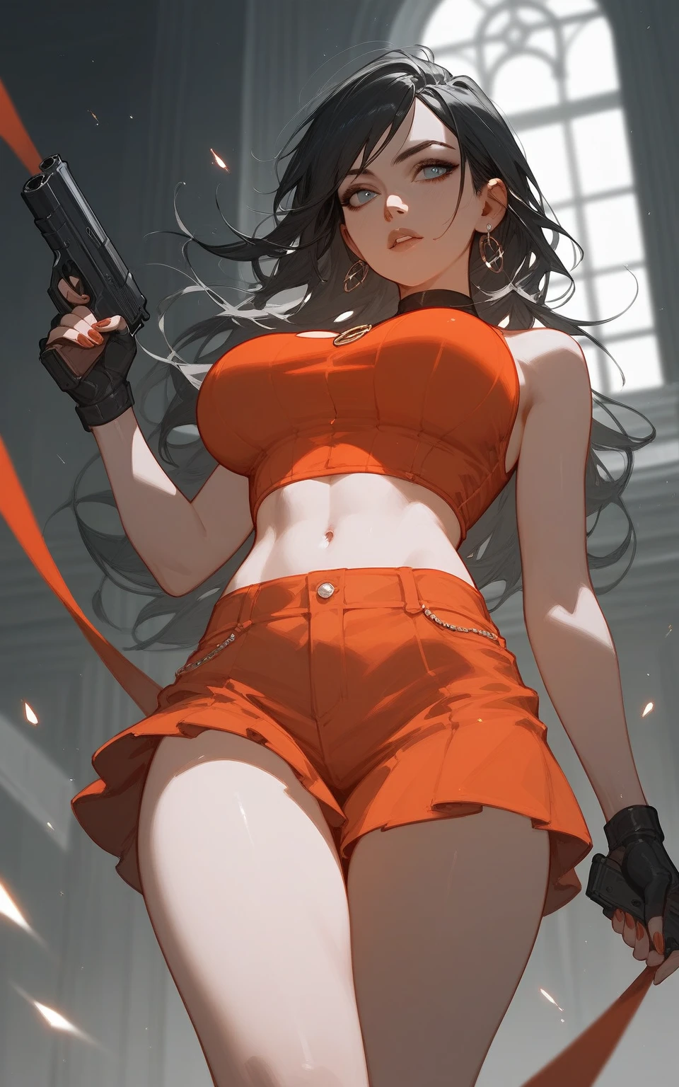 make she smilling, remove gun, and make she seat