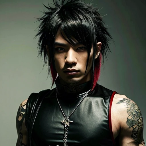 1 man, Japanese man, male, Asian eyes, muscular, broad shoulders, yakuza tattoos, hairstyle Visual Kei style, hair Visual Kei, black men's shirt and black pants, ultra detailed face, hyperrealistic, realistic representation, long hair, long hair, 30 years old, age 30 years, blonde hair, full body view 