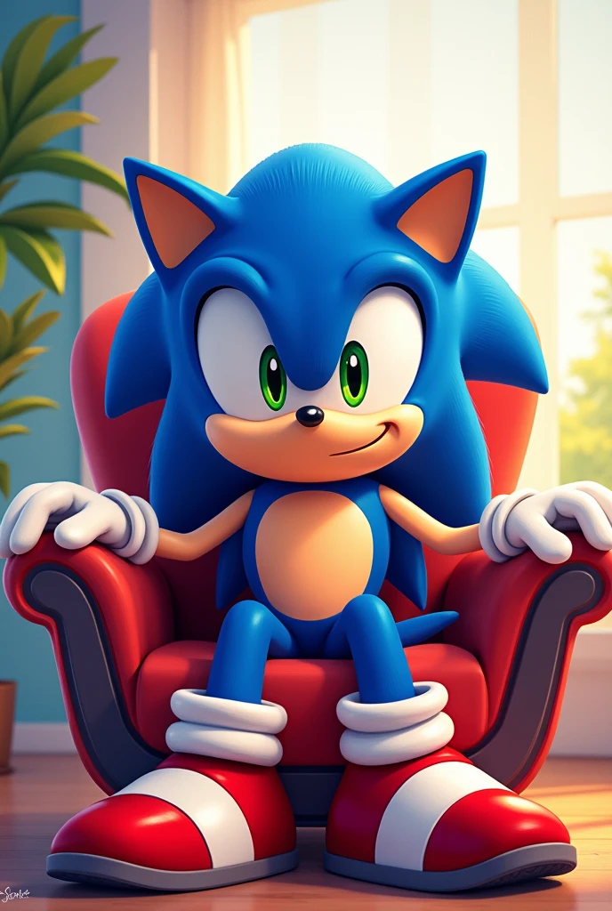 Sonic the hedgehog , solo, looking at viewer, smile, 1boy, full body, sitting on chair, looking at viewer 