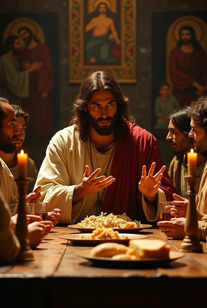 Create Jesus Christ Moreno with brown eyes,in the midst of the supper