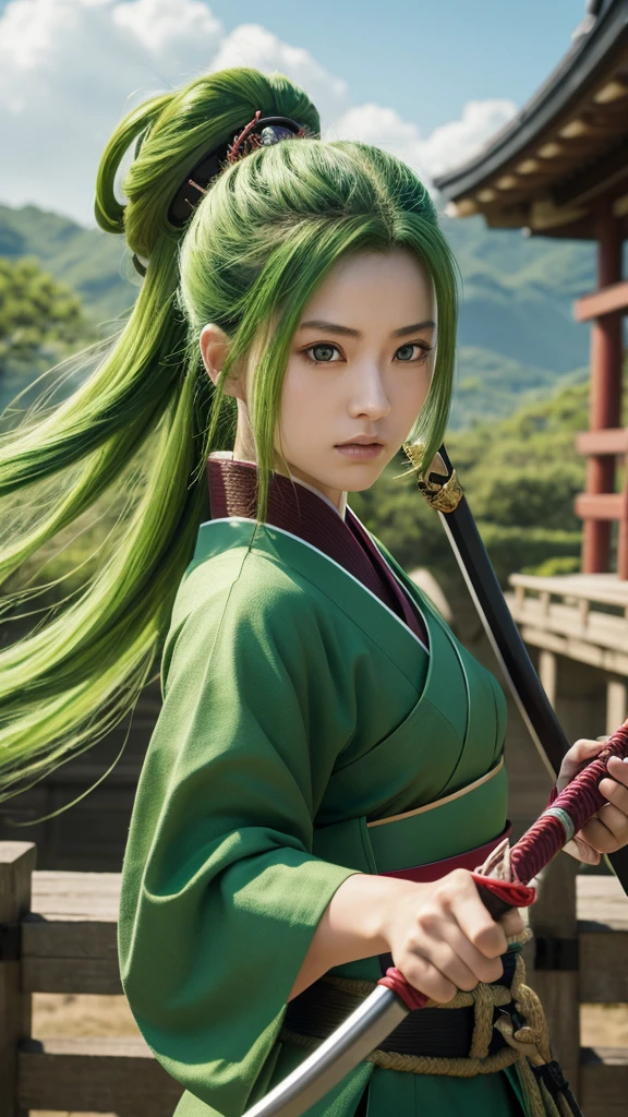 A young female samurai with long green hair, green eyes, wearing green Japanese armor, and holding a katana. She stands on a battlefield. The scene is photo realistic, 8k quality, masterpiece, High Resolution, High Quality.