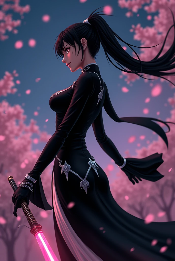 Create a striking anime-style illustration of a lethal ninja nun. The character should be a young woman with long, jet-black hair and straight bangs, framing a face with piercing red eyes and slightly parted lips. Her expression should convey a mix of detachment and danger. Dress her in a form-fitting black habit, reimagined as a sleek combat outfit. The habit should have a high collar and flowing sleeves, contrasting with multiple leather straps and buckles cinching the waist and thighs. Include a white coif framing her face, adding a stark contrast to her dark attire. Position a katana diagonally across her back, its hilt visible over her right shoulder. The sword's wrapping and tsuba should be intricately detailed. Set the character against a vivid red background, creating a bold contrast that heightens the sense of danger and drama. Use dramatic side-lighting to accentuate the curves and edges of her outfit, casting sharp shadows and highlighting the glossy texture of her hair and the metallic elements of her gear. The art style should blend clean, sharp lines with subtle gradients, emphasizing the character's deadly grace. Pay close attention to small details like the reflection in her eyes, the texture of the leather straps, and the folds in her habit. Incorporate hints of hidden weapons beneath her outfit, suggesting her lethal capabilities. The overall composition should exude a sense of controlled power, religious devotion twisted into something dangerous.