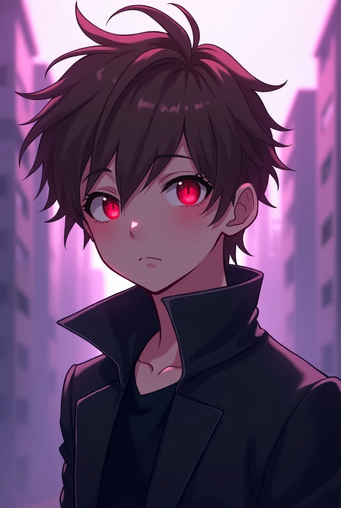 A 2d logo anime boy having brown hair and red eyes and simple black jacket looking left straight to camera having perple blurred buildings make it little simple little more simple
