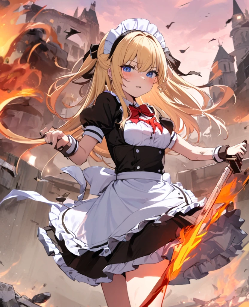 (8k, super high quality, masterpiece), (detailed), One Woman, Small breasts, Blonde, cute, Slightly longer, Apron dress, Maid clothes, Fighting with a two-handed sword, Burning Battlefield, Castle Defense, It's dirty, Torn clothing, A strong enemy in front of me, Deadly Combat, 