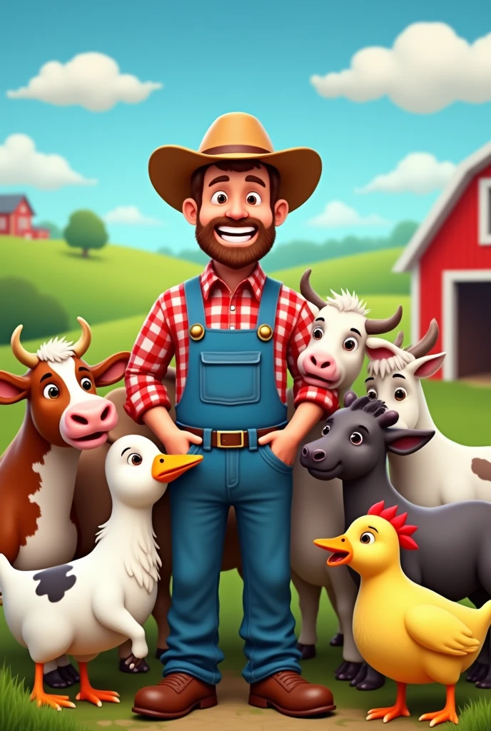 Create a large image i want to maje it like one of those cutouts where the face is missing and someone can take a pic with their face in it the theme is funny farm animals the farmers face should have enough space to put a face more animals crowd the farmer in a selfie way make it funny cow chicken duck goat lamb bull all young cute version cudling the farmer atleast ten animal yes this image but whats the yellow thing on the grass fuck remive or correct it thos make it hectic anf funny