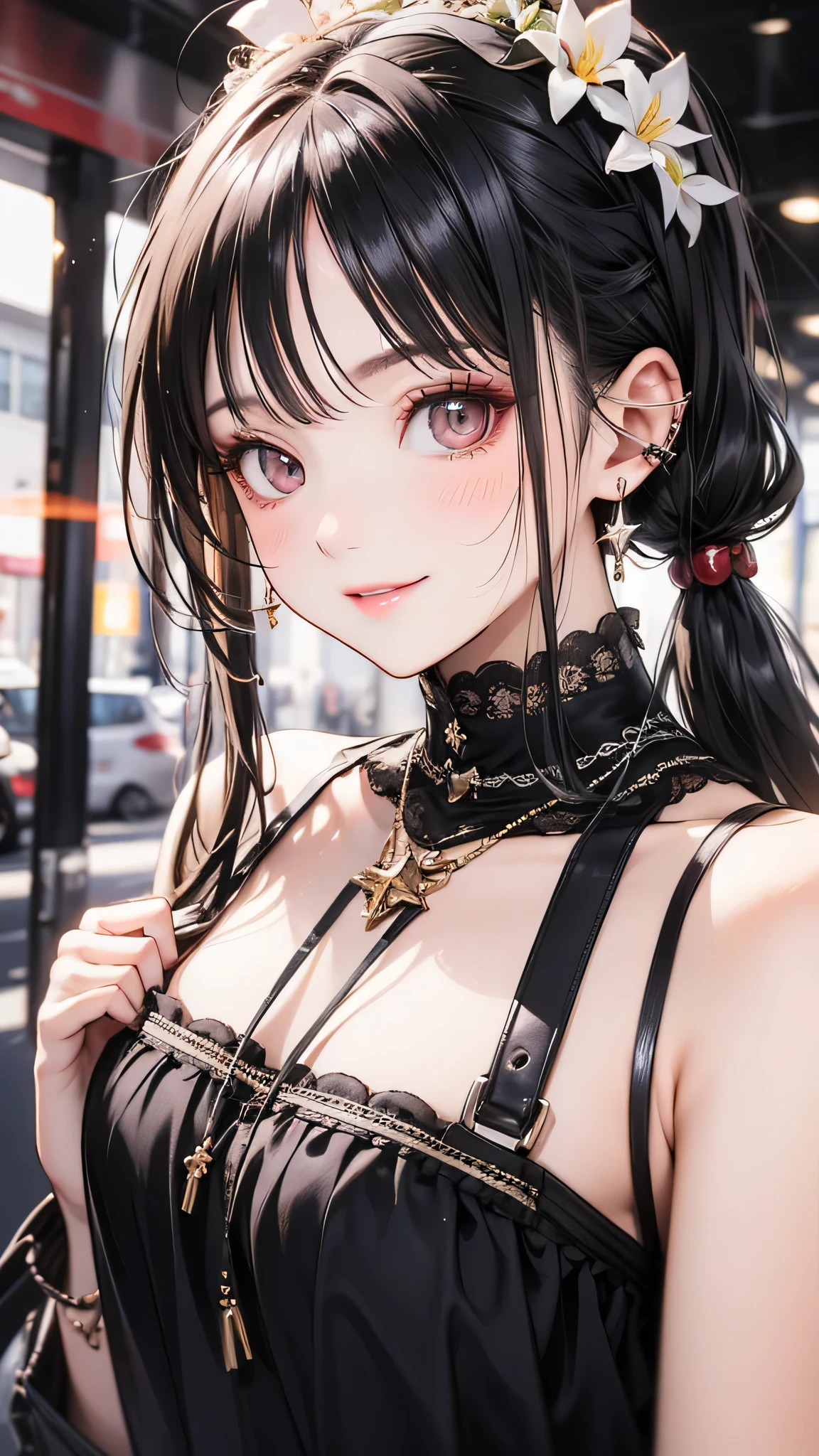 Realistic photos of cute female stars, Uneven twin tails, light makeup, Middle breast size, smile, Color T-shirt, by bus, Clear facial features with crisp, realistic detail, Sony FE, 35mm, Cinema Lighting, Attention to detail, UHigh resolution, high quality, High resolution, 8k, 16K