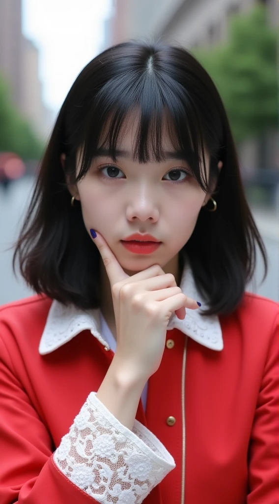 a photo of a woman img,The image is a close-up portrait of a young woman with shoulder-length dark hair and bangs. She is wearing a red jacket with white lace sleeves and a white collar. The woman is looking directly at the camera with a serious expression on her face. Her hand is resting on her chin, as if she is deep in thought. The background is blurred, but it appears to be an urban setting with buildings and trees visible.