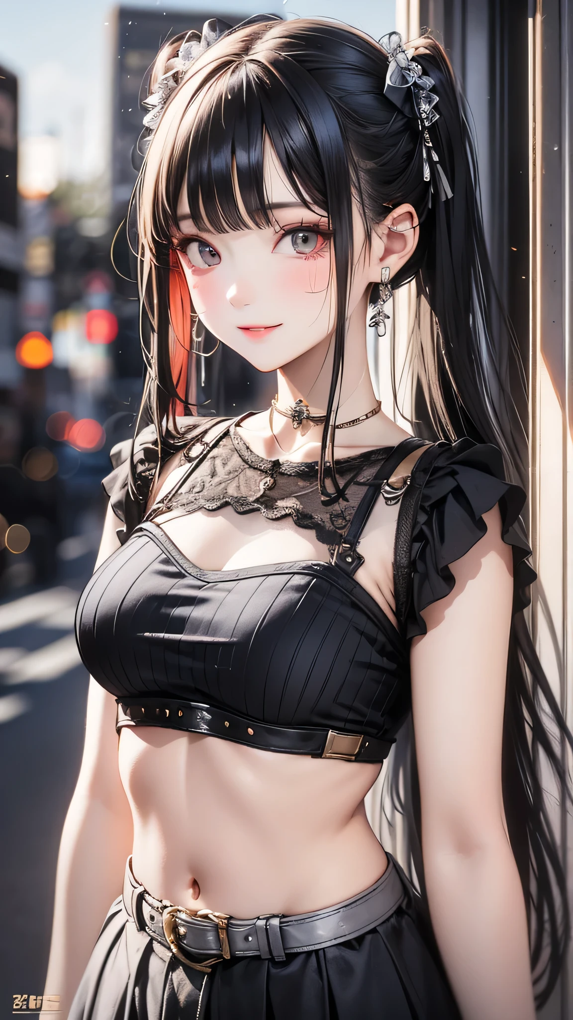In summer, there are flowers on the roadside, one two girls, one wearing black silk, the other wearing white silk, melon seed face, small eyes, top showing the navel