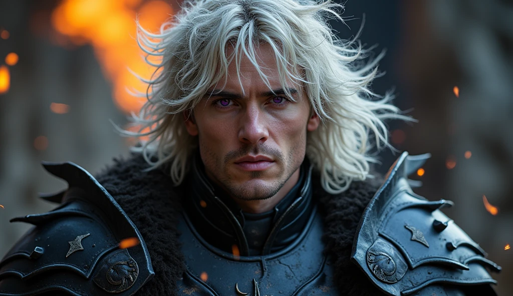 (Close-up of a better masterpiece: 1.5) 0.9], (Targaryen warrior: 1.2) (Messy silver hair: 1.1) (purple eyes: 1.2) (black dragon armor : 1.0) (A radiant glow: 1.1) (fire particle effects: 0.9)