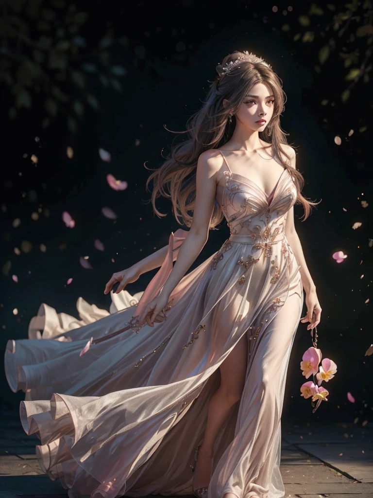 long shot, full body image, (GOOD:1.5),(highly detailed CG 8k wallpaper, masterpiece, of the highest quality, Super detailed), (better lighting, best shadows, very delicate and beautiful), floating, high saturation, dynamic angle, ((A girl)), Beautiful, Ningguang City(orchid evening dress) gray hair, Red eyes, very long hair, hair ornaments, hits, (skin wrinkles:1.3), (Soft hair:1.3),