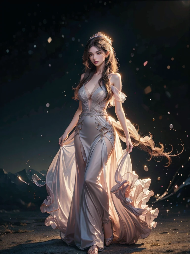 long shot, full body image, (GOOD:1.5),(highly detailed CG 8k wallpaper, masterpiece, of the highest quality, Super detailed), (better lighting, best shadows, very delicate and beautiful), floating, high saturation, dynamic angle, ((A girl)), Beautiful, Ningguang City(orchid evening dress) gray hair, Red eyes, very long hair, hair ornaments, hits, (skin wrinkles:1.3), (Soft hair:1.3),
