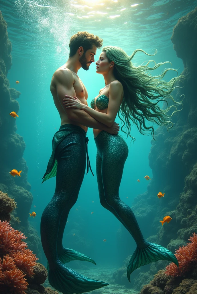 Realistic merman and girl siren