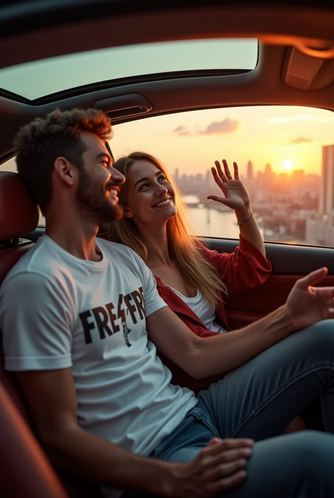 A 23 year man site in a bmw car 23 year and his girlfriend 22 year old
man teshirt colour white teshirt name "Free Fire"