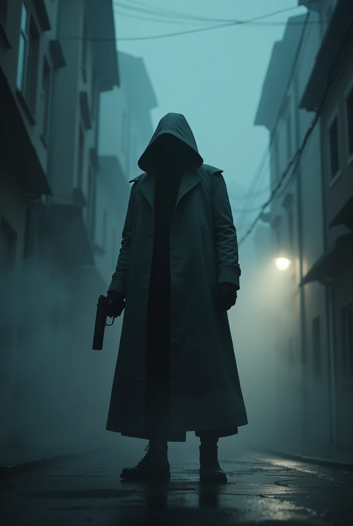 1man, masterpiece, gorgeous,strange head,hood,empty, coat, 4k, streets, buildings, gun, pistol, smoke, high details, gorgeous, 4k, BREAK close up, no humans, cinematic, dramatic,contrast, detailed background, standing, night,fog, wallpaper, misteryous, digital art, artistic