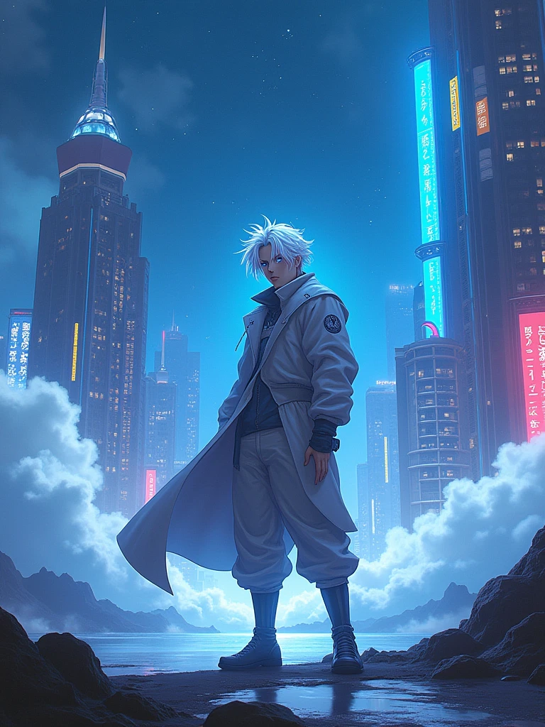 Satoru Gojo, niji style, sci-fi, epic, smoke, mid journey style