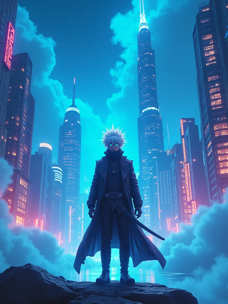 Satoru Gojo, niji style, sci-fi, epic, smoke, mid journey style