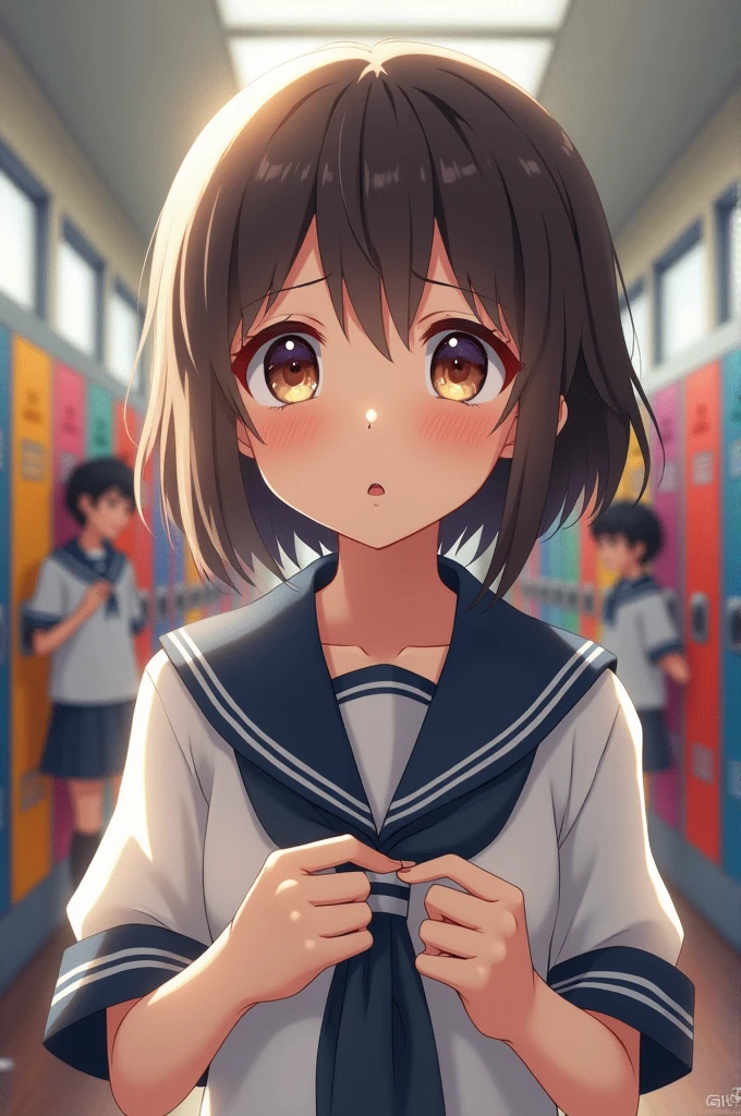 A high school girl is embarrassed when her breasts are rubbed over her sailor uniform