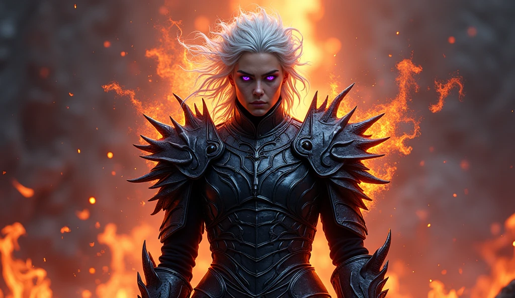 (full body of a better masterpiece: 1.5) 0.9], (Targaryen warrior: 1.2) (Messy silver hair: 1.1) (purple eyes: 1.2) (black dragon armor : 1.0) (A radiant glow: 1.1) (fire particle effects: 0.9)