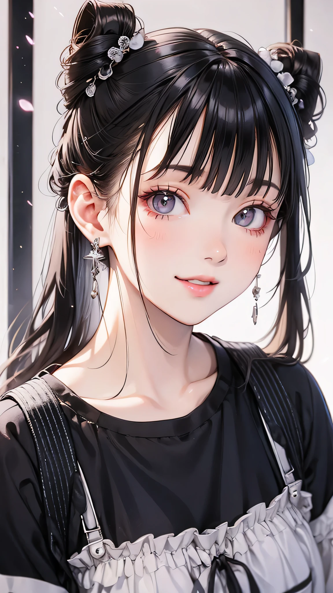 Realistic photos of cute female stars, Uneven twin tails, light makeup, Middle breast size, smile, Color T-shirt, by bus, Clear facial features with crisp, realistic detail, Sony FE, 35mm, Cinema Lighting, Attention to detail, UHigh resolution, high quality, High resolution, 8k, 16K