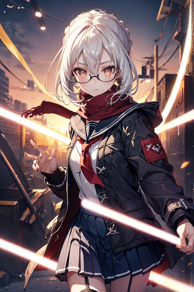 1girl,FirstAscension,white hair,glasses,coat,serafuku,skirt,red scarf,masterpiece,Noise Reduction,perfect anatomy,high resolution, ultra-detailed, ultra-detailed face,game cg,dutch angle ,beautiful detailed eyes,visualart,five fingers, perfect hands, perfect lighting, sparkling pupils,