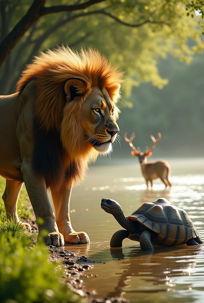 "The tortoise is slowly walking towards the lion, who has just arrived at the lake's edge. The lion is focused on the tortoise, looking confused and slightly frustrated as it tries to figure out how to catch this slow-moving creature. The deer is seen in the background, quietly slipping into the water, escaping unnoticed. The scene is filled with suspense, as the lion's attention is diverted by the clever tortoise."