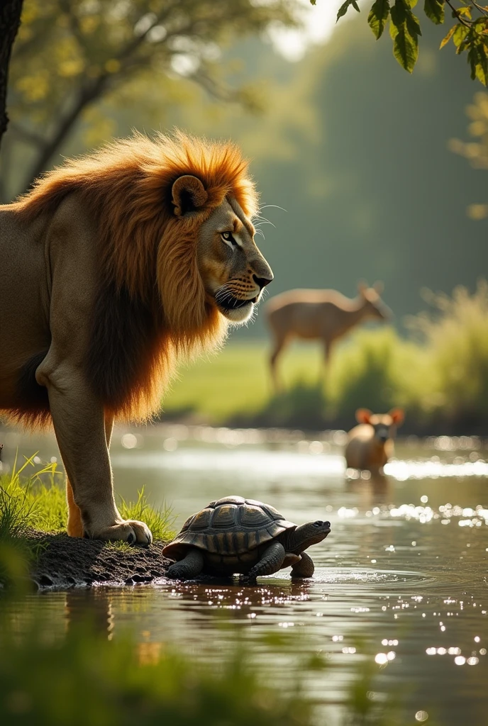 "The tortoise is slowly walking towards the lion, who has just arrived at the lake's edge. The lion is focused on the tortoise, looking confused and slightly frustrated as it tries to figure out how to catch this slow-moving creature. The deer is seen in the background, quietly slipping into the water, escaping unnoticed. The scene is filled with suspense, as the lion's attention is diverted by the clever tortoise."
