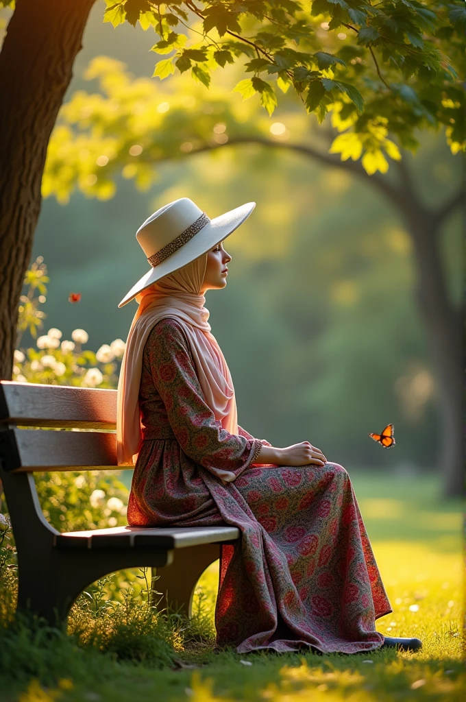A woman in a hijab wearing a white hat is sitting in the park