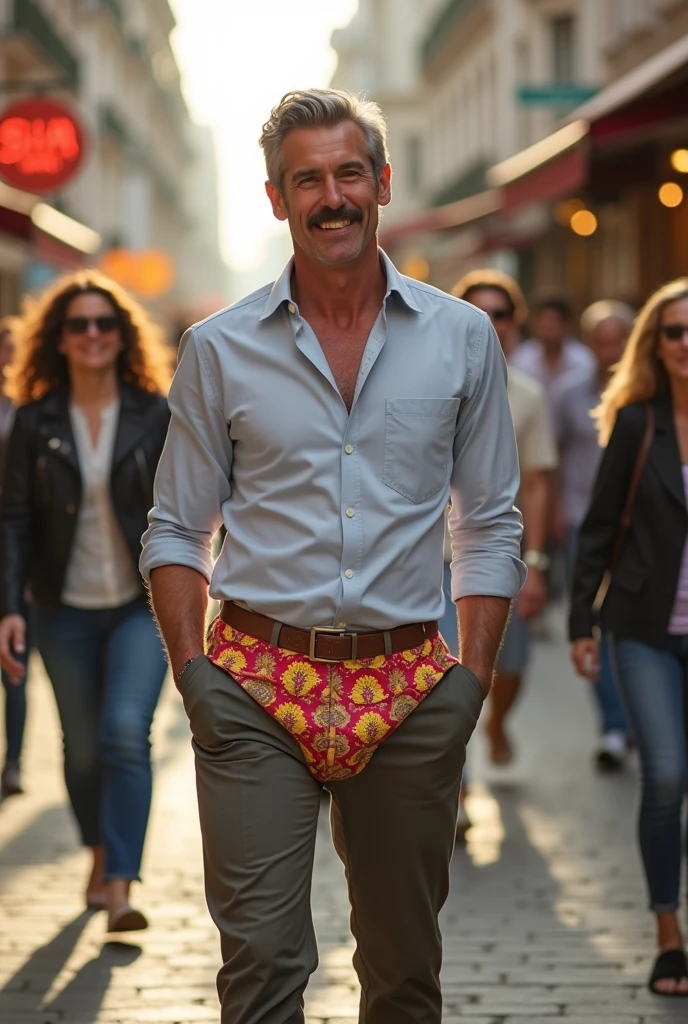 The man 49 years old has short hair and handsome mustache pants fell off