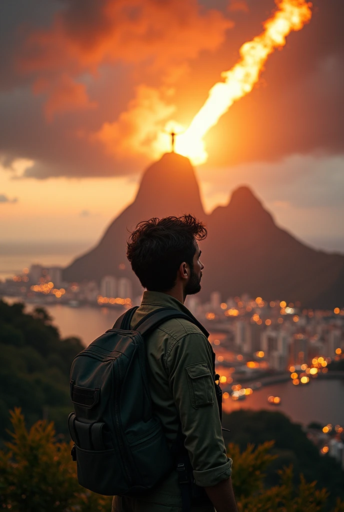 a man in Rio de Janeiro with black wavy hair , militar , freezing cold, witnessing a meteor falling on Christ the Redeemer and creating a possible zombie apocalypse virus
