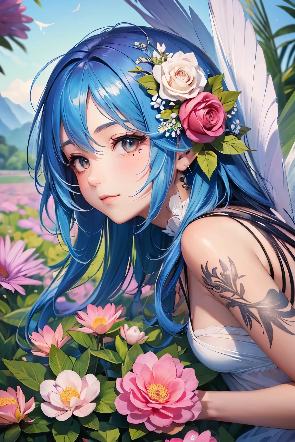 Feather Plumage on the back, drop-shaped tattoo on the cheek, a cute fairy in a beautiful flower field