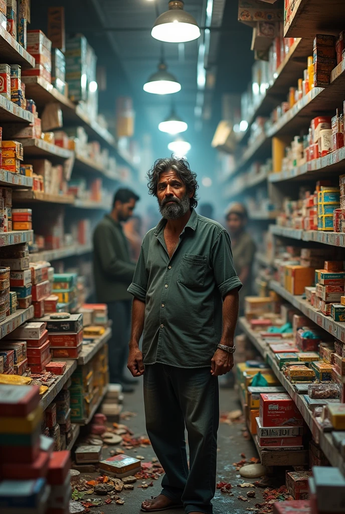 shop is cluttered with merchandise and the atmosphere reflects Raj's frustration