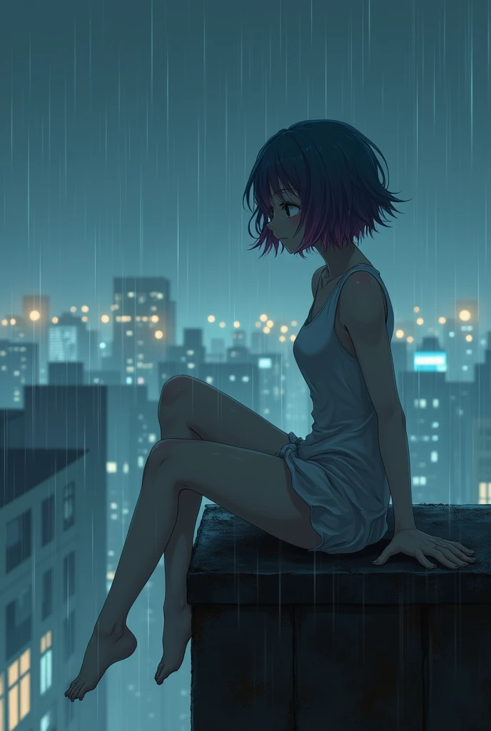 create an image of a trans anime girl sitting on top of a building under. She wears a short outfit and has short hair covering her face. It is raining and around her several ghostly hands touch her body