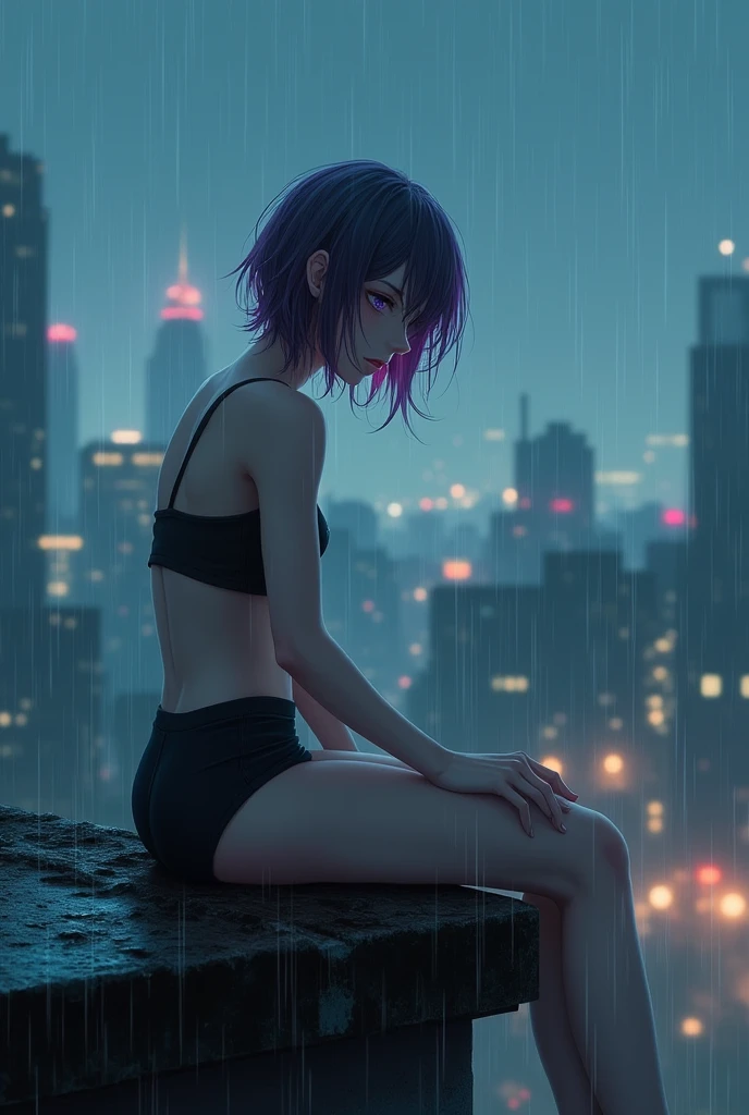 create an image of a trans anime girl sitting on top of a building under. She wears a short outfit and has short hair covering her face. It is raining and around her several ghostly hands touch her body