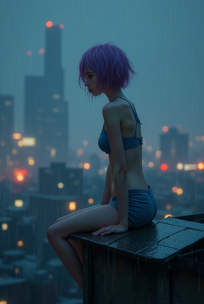 create an image of a trans anime girl sitting on top of a building under. She wears a short outfit and has short hair covering her face. It is raining and around her several ghostly hands touch her body