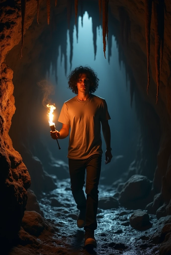 A twenty-five-year-old man, with black hair, curly and long to the shoulders. walks through a dark cave with a torch in his hand