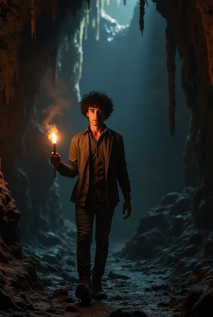 A twenty-five-year-old man, with black hair, curly and long to the shoulders. walks through a dark cave with a torch in his hand