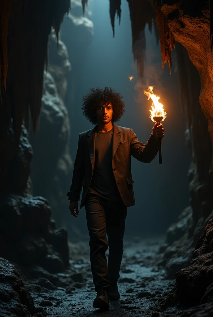 A twenty-five-year-old man, with black hair, curly and long to the shoulders. walks through a dark cave with a torch in his hand