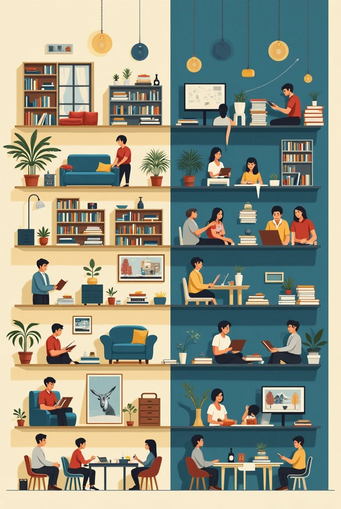 Create a poster that shows the differences between people with high and low economic, social, and cultural capital.

Include:

Left Side (Low Capital): Basic lifestyle, limited education, few connections, minimal cultural exposure.

Right Side (High Capital): Luxurious lifestyle, advanced education, strong networks, rich cultural experiences.

Use contrasting colors for each side, and make sure the images clearly show the differences in opportunities and quality of life. make it minimalist.