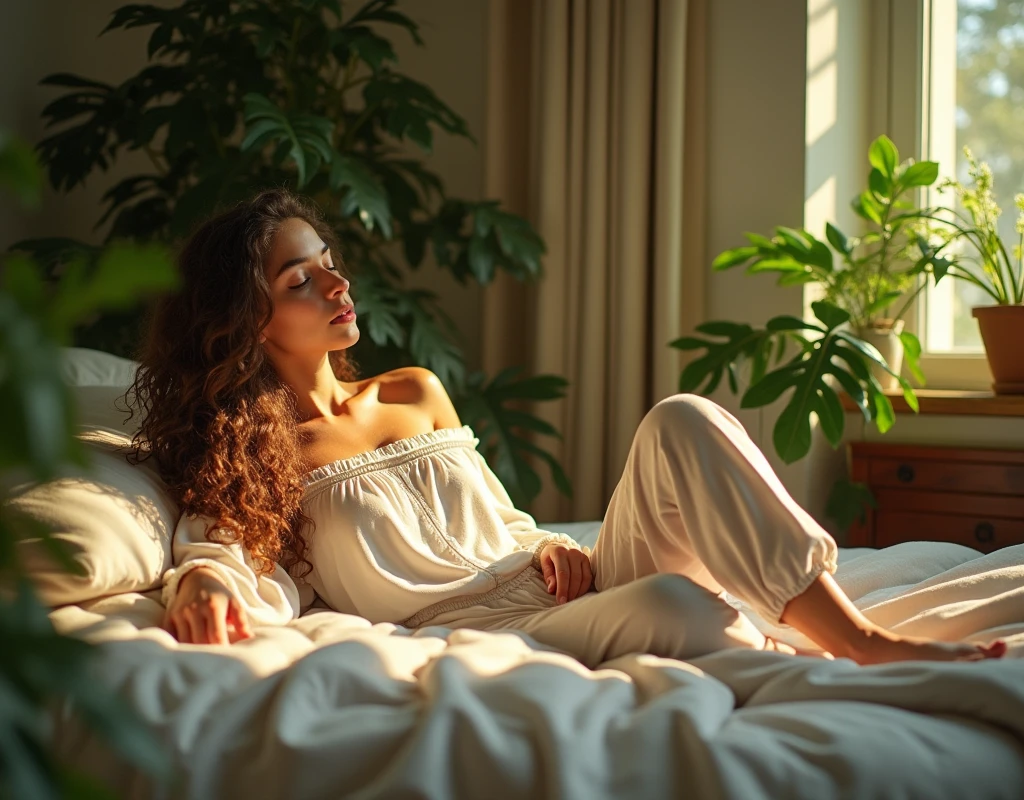 (photorealism:1.2), beautiful woman, sitting on bed, wearing loose off-shoulder top, pajama pants, long curly hair, indoors, soft lighting, plants in background, window with sunlight, cozy room, relaxed pose, realistic, intricate details, warm colors, by Greg Rutkowski, by Alphonse Mucha